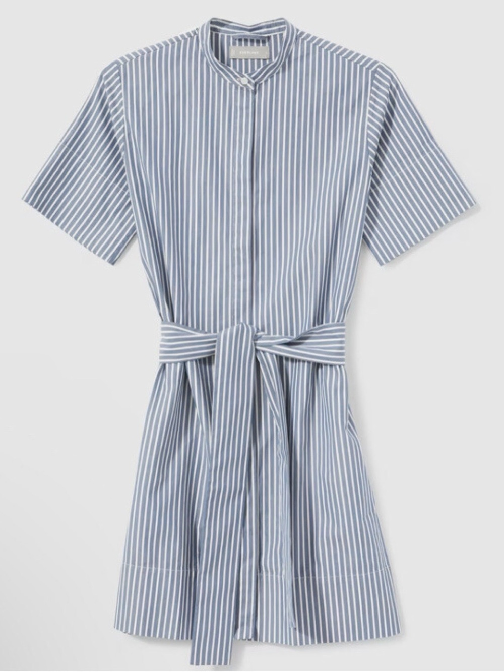Everlane Blue & White Striped Collarless Cotton Belted Shirtdress - Size 2 - Picture 2 of 13